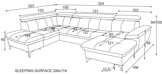 Rozkladacia rohová sedačka CATANIA U ľavá grafit s úložným priestorom