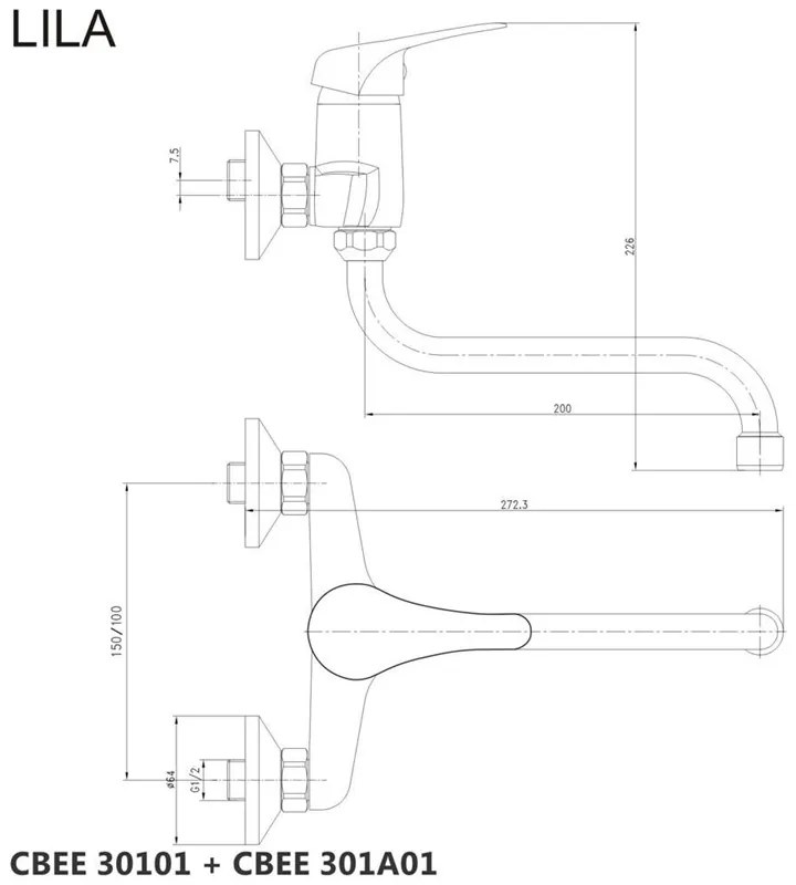 Mereo, Drezová nástenná batéria, Lila, s ramienkom rúrkovým pr. 18 mm - 200 mm, chróm, MER-CBEE301A01