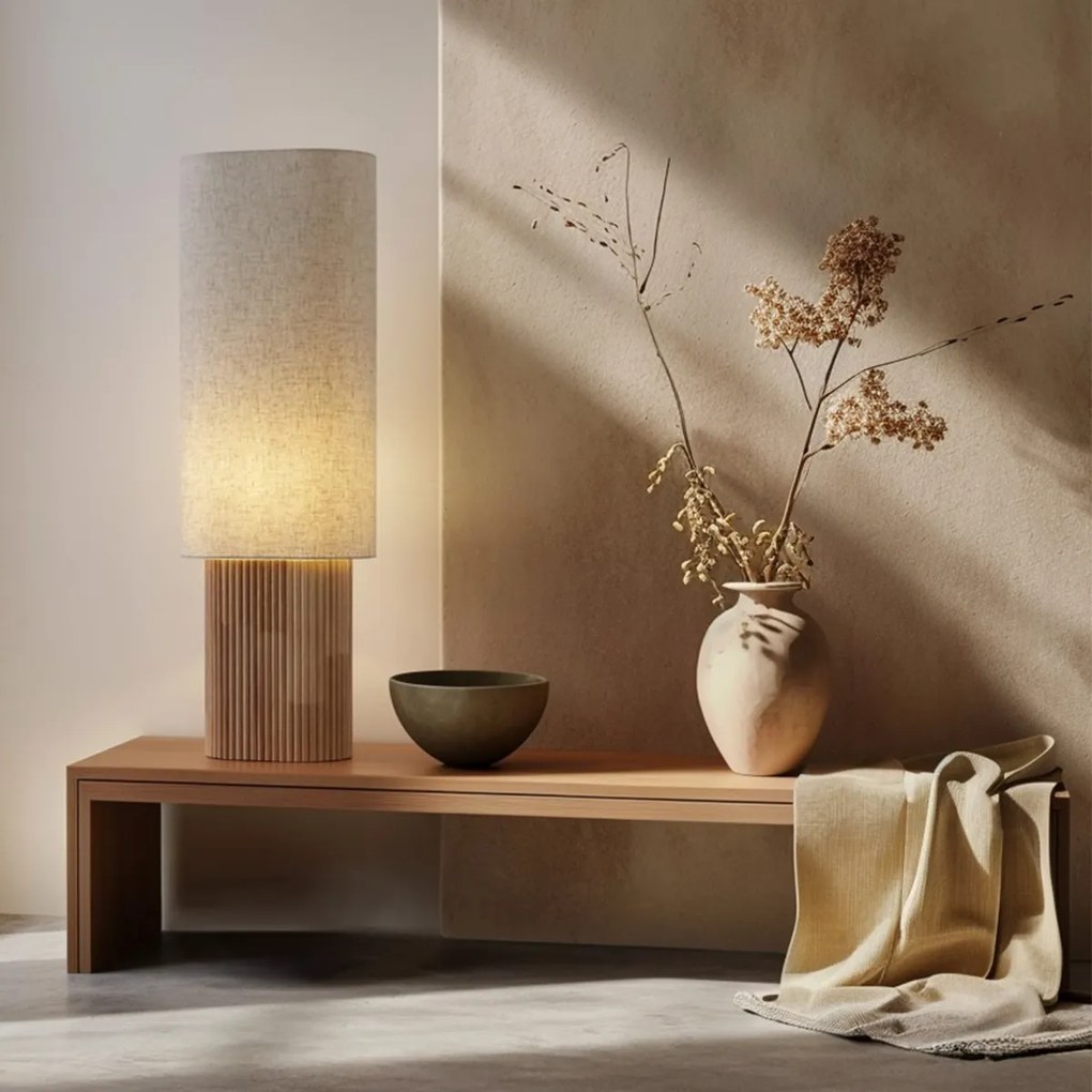 Japandi stojacia lampa drevená s ľanovým tienidlom 90 cm - Lamel