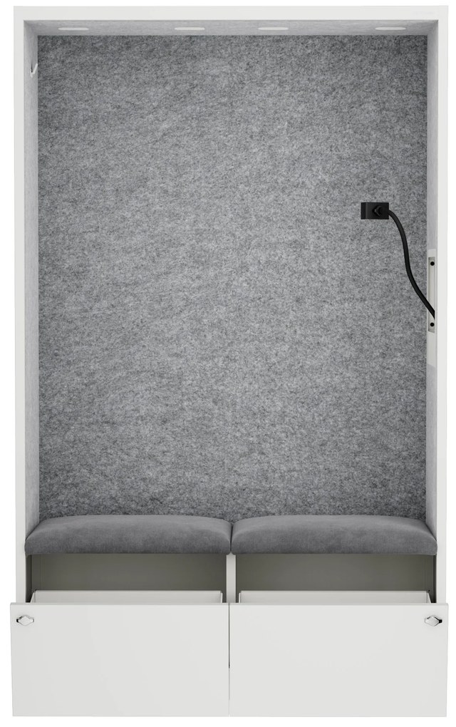 Kancelárska akustická kabína so sedadlom a portom USB-C, telo v biely / sedák sivá v zelenej farbe, 1150 mm: SALLY MentalBox