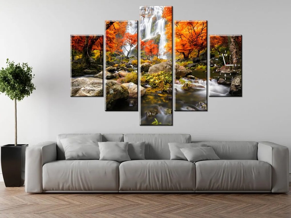 Gario Obraz s hodinami Jesenný vodopád - 5 dielny Rozmery: 150 x 70 cm
