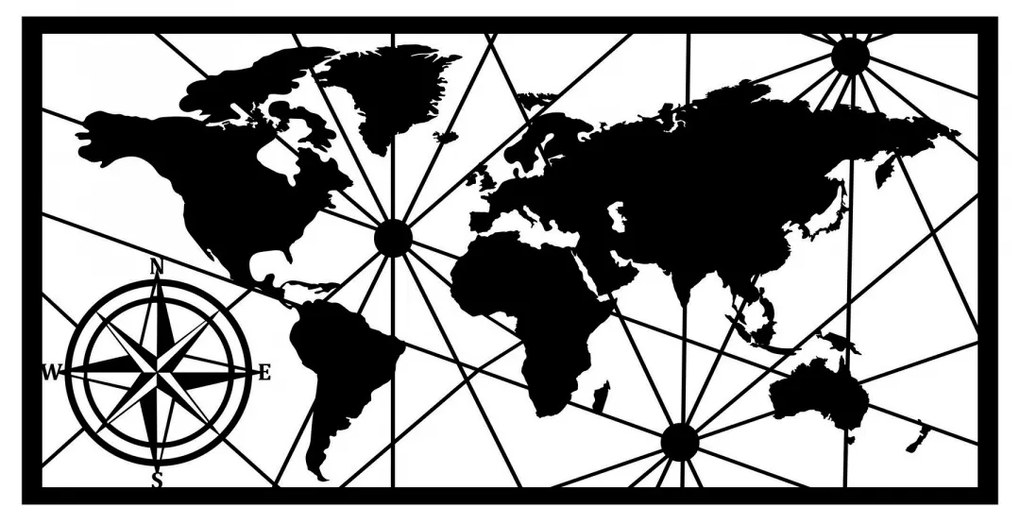 Nástenná kovová dekorácia Mapa sveta kompas 100x50 cm čierna