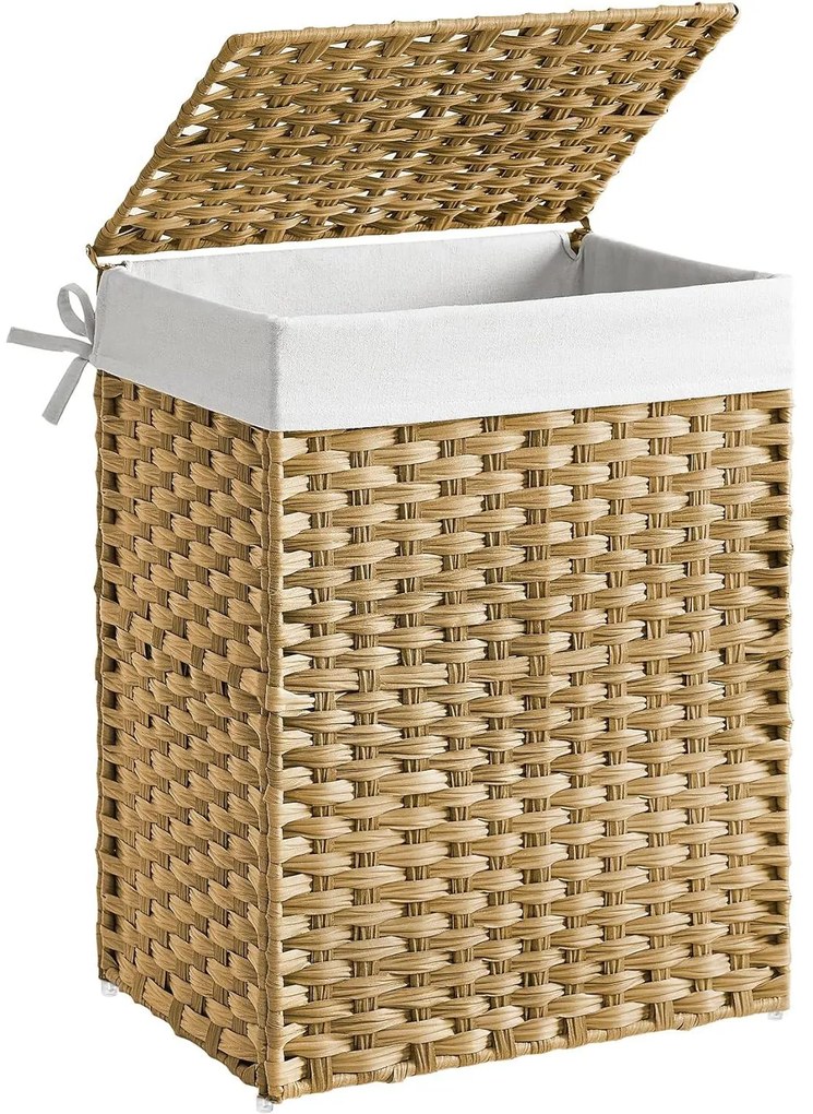 Kôš na bielizeň zo syntetického ratanu, s vekom a rúčkami, skladací, prírodný