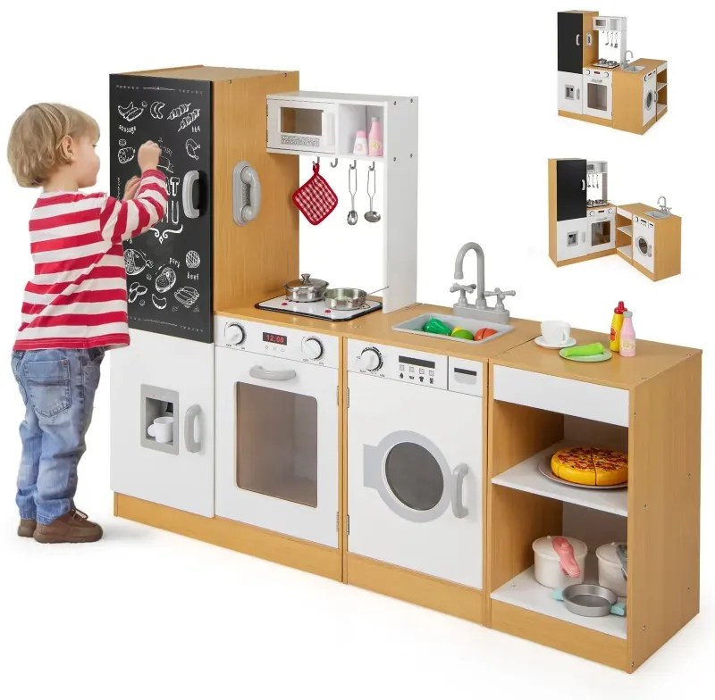 3-dielna detská hracia kuchynka drevená hracia kuchynka s realistickými zvukmi a svetlami príroda + biela