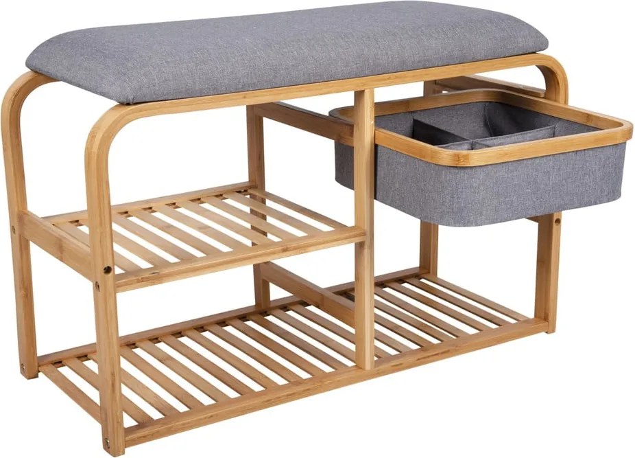 Bambusový polica na topánky so sivým polstrovaním Leitmotiv Bench, šírka 70 cm