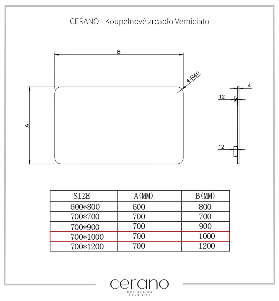 Cerano Verniciato, kúpeľňové obdĺžnikové zrkadlo 100x70 cm, CER-CER-429259