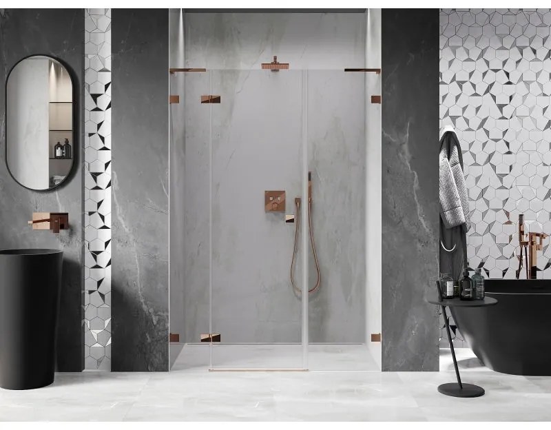 Mexen Lunar L, výklopné ľavé sprchové dvere 125 cm, 8mm číre sklo, ružové zlato profil, 834SL-125-050-60-00-L