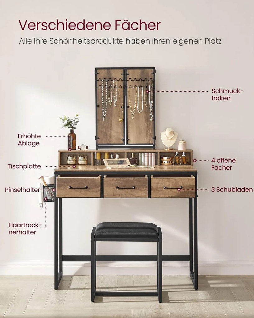 Toaletný stolík s čalúnenou stoličkou, 3 zásuvky, držiak na sušič vlasov, farba dub a čierna