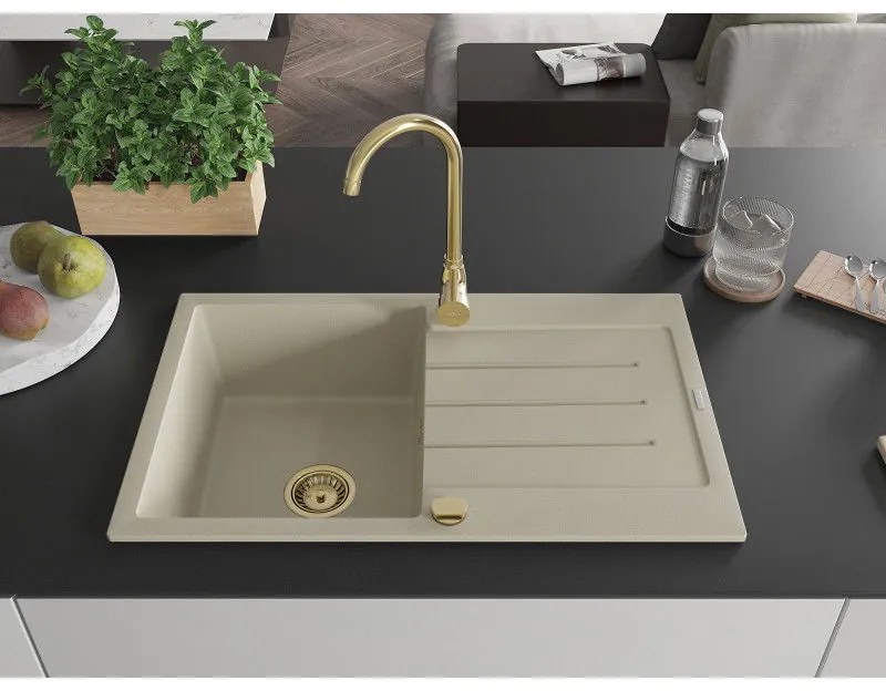 Mexen Bruno, 1-komorový granitový drez s odkvapkávačom 795x495x200 mm a zlatá kuchynská batéria Telma, béžová, 6513-69-670200-50