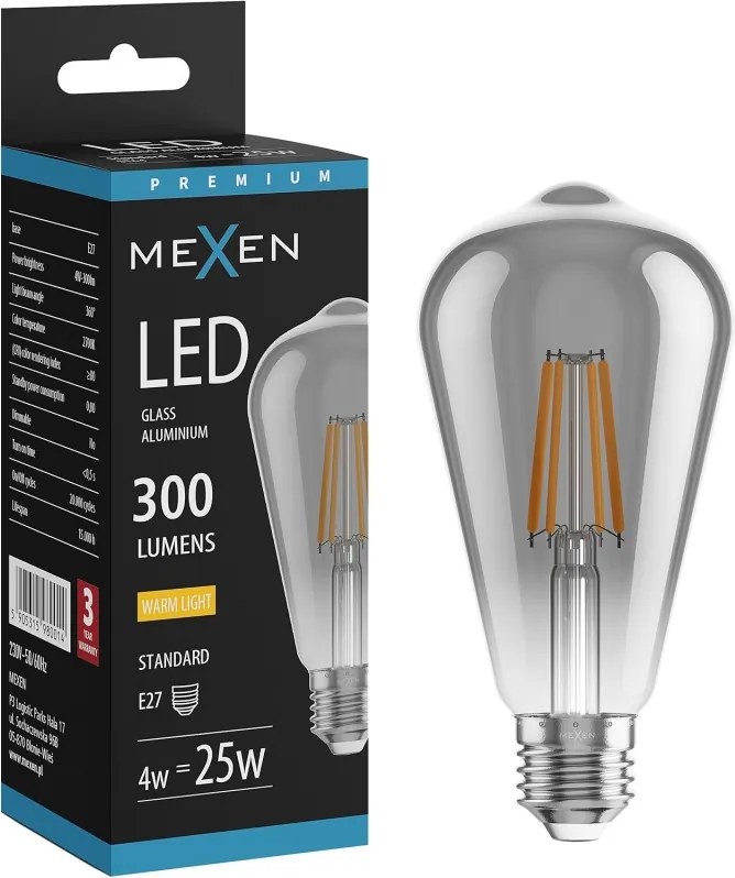 Mexen Vintis, LED filamentová žiarovka E27, ST64, 4 W, teplá biela 2200K, dymová, L152-E27-0422-70