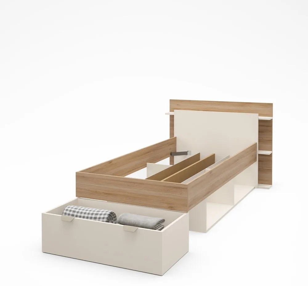Jednolôžková posteľ v dekore duba s úložným priestorom bez roštu v bielo-prírodnej farbe 90x200 cm Albo – Marckeric