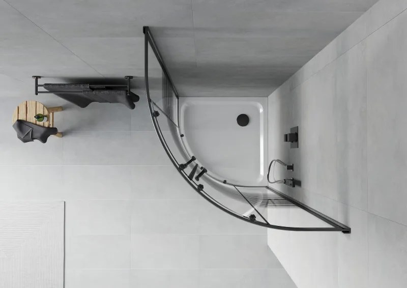Mexen Rio, štvrťkruhový sprchovací kút s posuvnými dverami 80(dvere) x 80(dvere) x 190 cm, 6mm číre sklo s pásikmi, čierny profil + biela sprchová vanička SLIM, 863-080-080-70-20-4110B