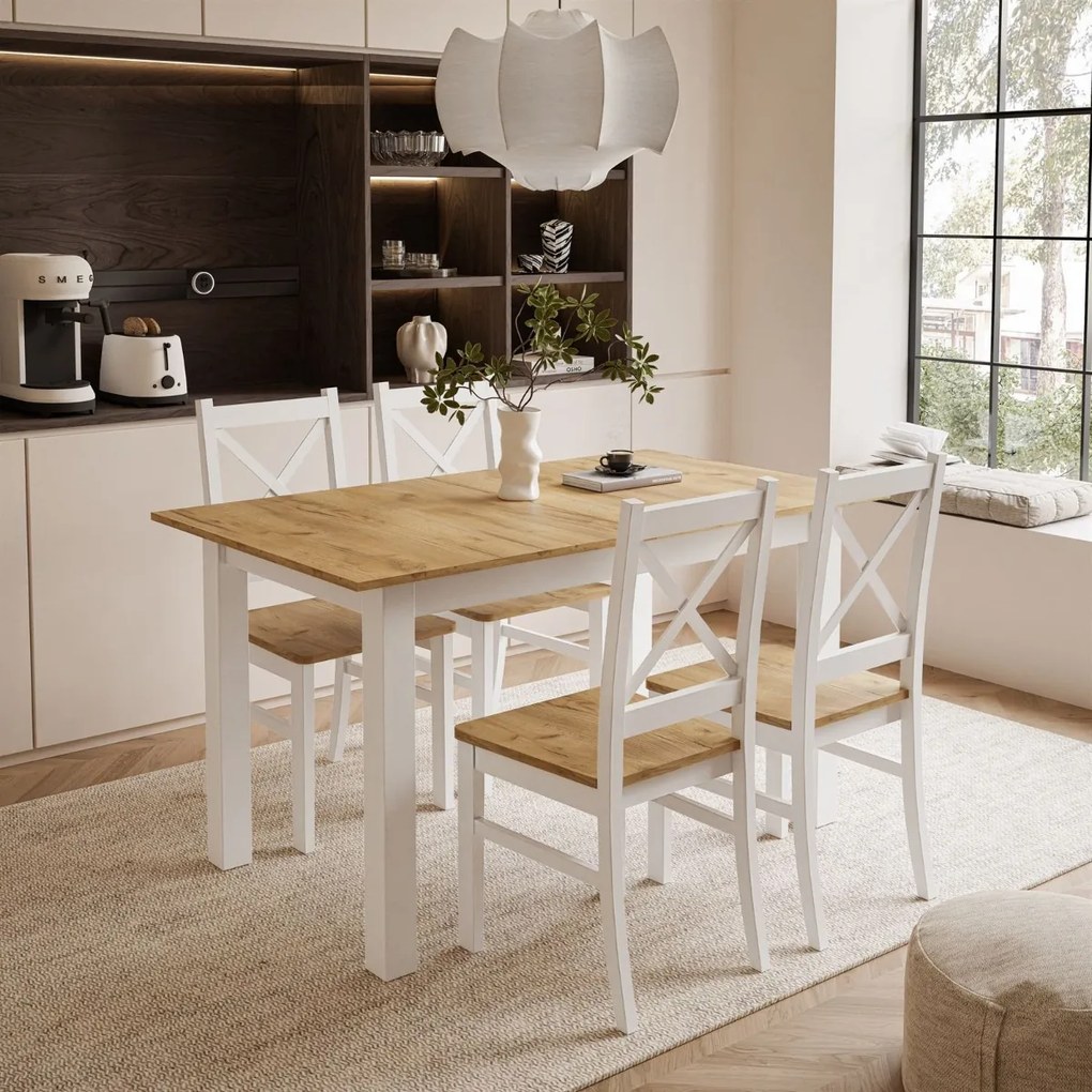 ROZKLÁDACÍ JEDÁLENSKÝ STÔL DANILO BIELY + DUB CRAFT ZLATÝ 140 / 195 cm + 4 STOLIČKY