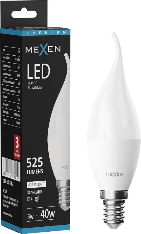 Mexen Nova, LED žiarovka plameň E14, C37, 5W, Teplá - 3000K, 525 lm - L106-E14-0530-01