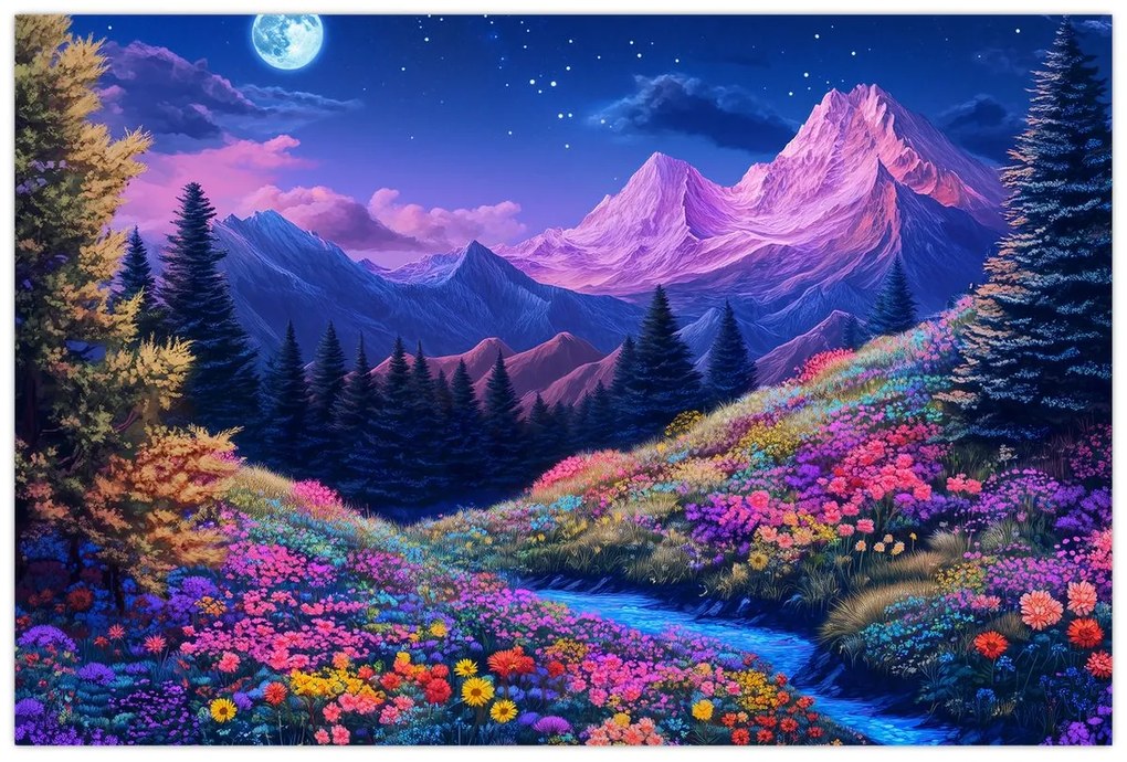 Obraz - Fialová krajina pri úplnku (90x60 cm)