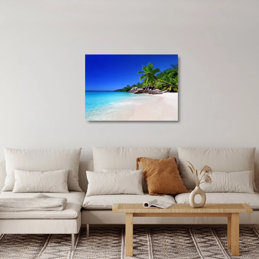 Sklenený obraz pláže na Praslin ostrove (70x50 cm)