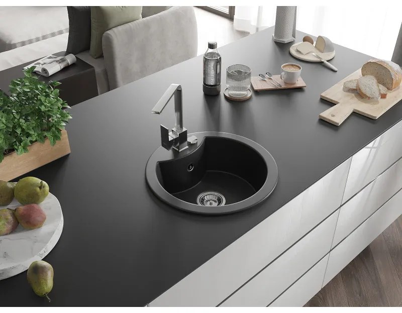 Mexen Diego, 1-komorový granitový drez 488x488x167 mm, chrómový sifón, chrómová batéria Rita, čierna, 6512-77-670300-00