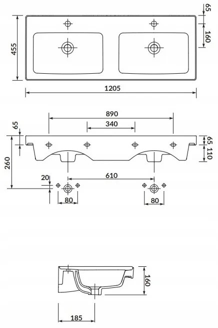 Cersanit Crea, skrinkové dvoj-umývadlo 120,5 x 45,5 cm, biela, K673-006