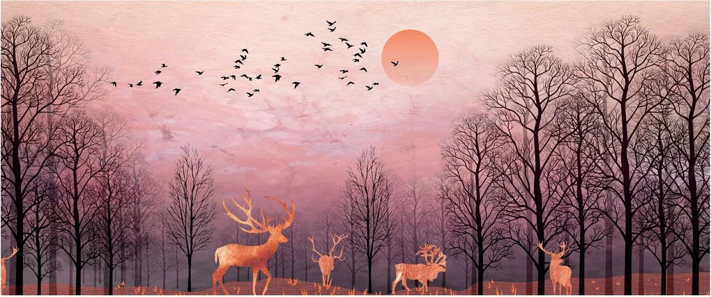 Obraz - Jelene v žiare zapadajúceho slnka (120x50 cm)