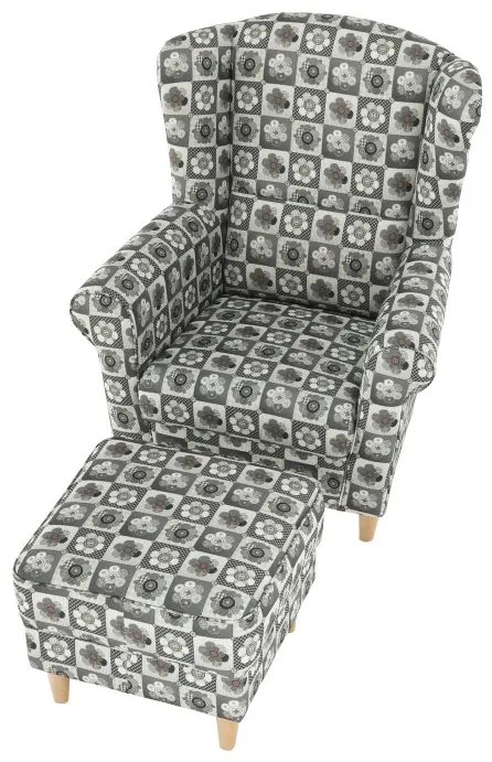 Kondela Kreslo, ušiak s taburetom, patchwork N1 látka, ASTRID