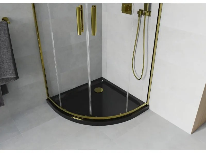Mexen Rio, štvrťkruhový sprchovací kút s posuvnými dverami 90(dvere) x 90(dvere) x 190 cm, 6mm číre sklo, zlatý profil + čierna sprchová vanička SLIM, 863-090-090-50-00-4170G