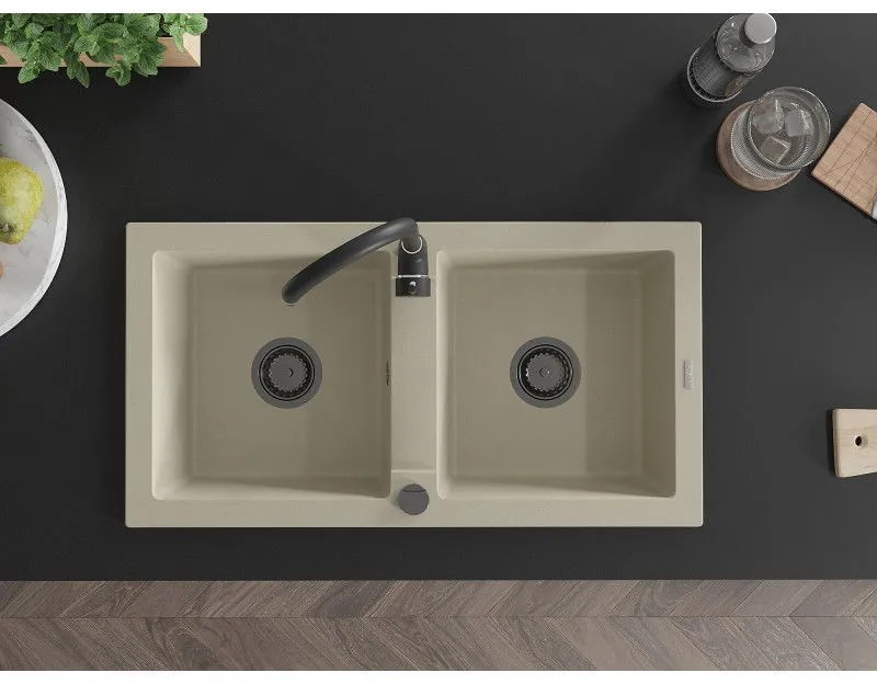 Mexen Mario, granitový drez 820x436x161 mm, 2-komorový, béžová s čiernym sifónom, 6504822000-69-B