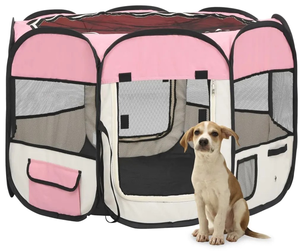 vidaXL Skladacia ohrádka pre psa s prenosnou taškou ružová 90x90x58 cm
