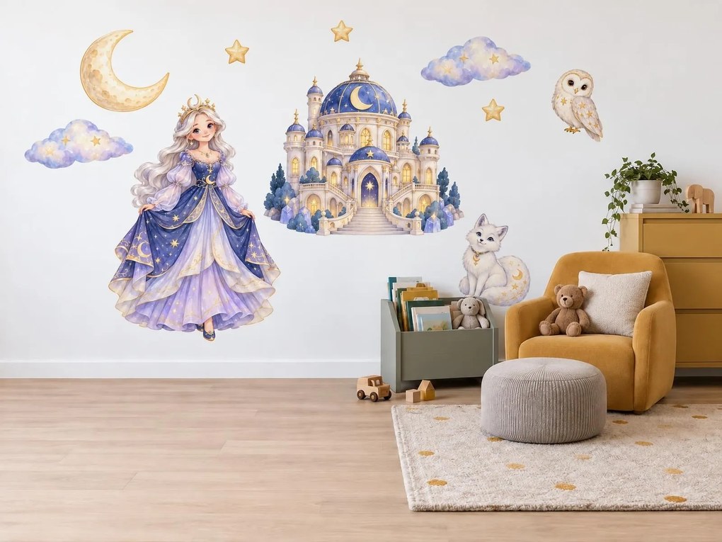 Mesačná princezná a hviezdny zámok nočné rozprávkové akvarelové nálepky na stenu pre dievčatká arch 46 x 34 cm