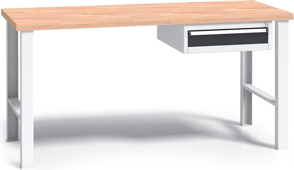 Pracovný stôl do dielne G3 so závesným boxom na náradie, buková škárovka, 1 zásuvka, pevné kovové nohy, 1500 mm, grafit