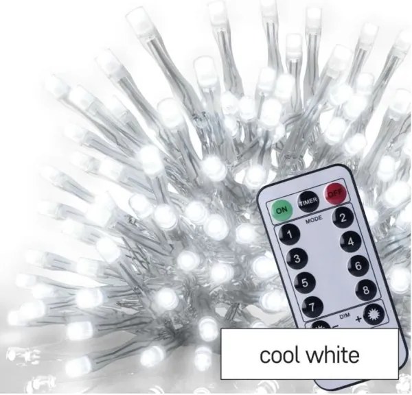 LED Vianočná vonkajšia reťaz 300xLED/8 módov 10m IP44 studená biela + diaľkové ovládanie
