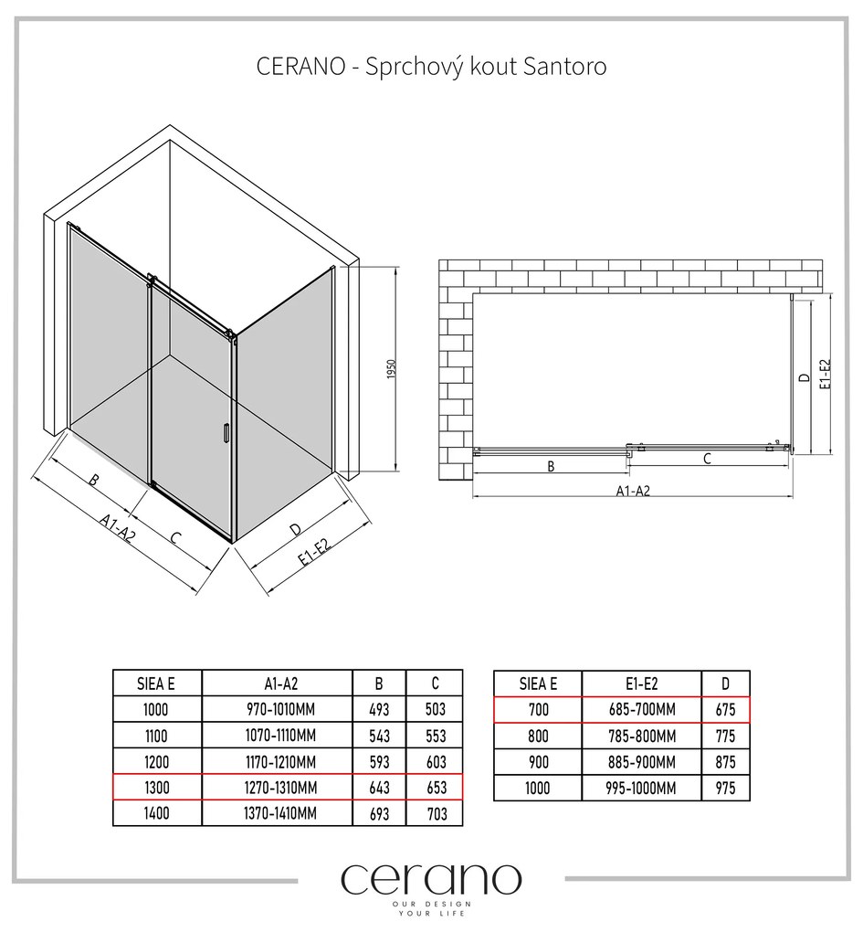 Cerano Santoro, sprchovací kút s posuvnými dverami 130(dvere) x 70(stena) x 195 cm, 6mm číre sklo, chrómový profil, CER-CER-425431