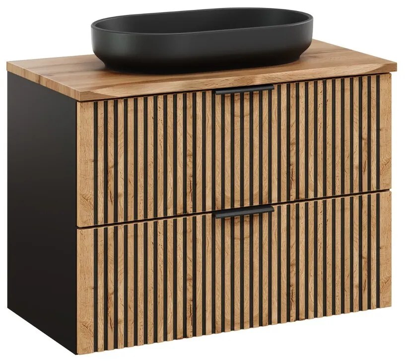 Závesná skrinka Casad Nature River s doskou a umývadlom 80 cm dub wotan/čierna