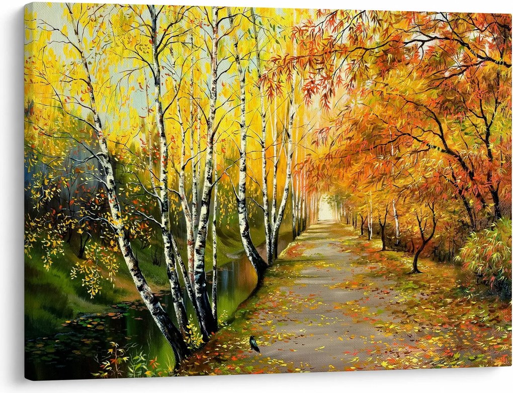 Obraz - Romantická alej pozdĺž vody, olejomaľba (70x50 cm)