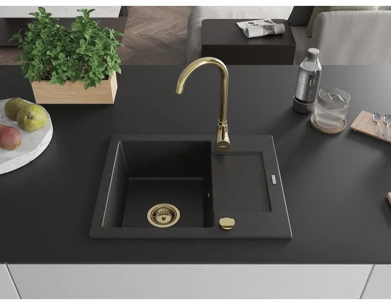 Mexen Enzo, granitový drez 576x465x174 mm, 1-komorový, čierna/strieborná metalíza so zlatým sifónom, 6506571005-73-G