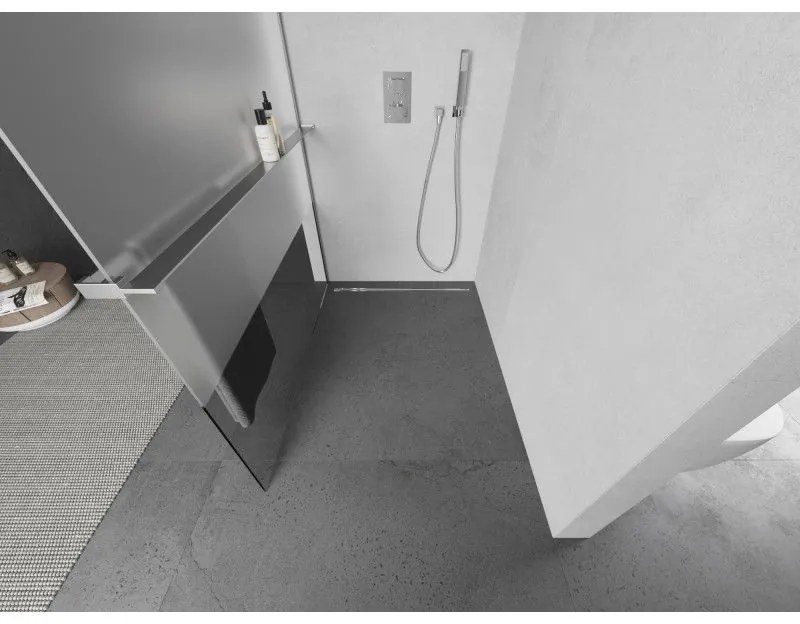Mexen Kioto+ L, sprchová zástena Walk-In s poličkou a vešiakom 70 x 200 cm, 8mm číre sklo-námraza, chrómový profil, 800-070-123-01-35