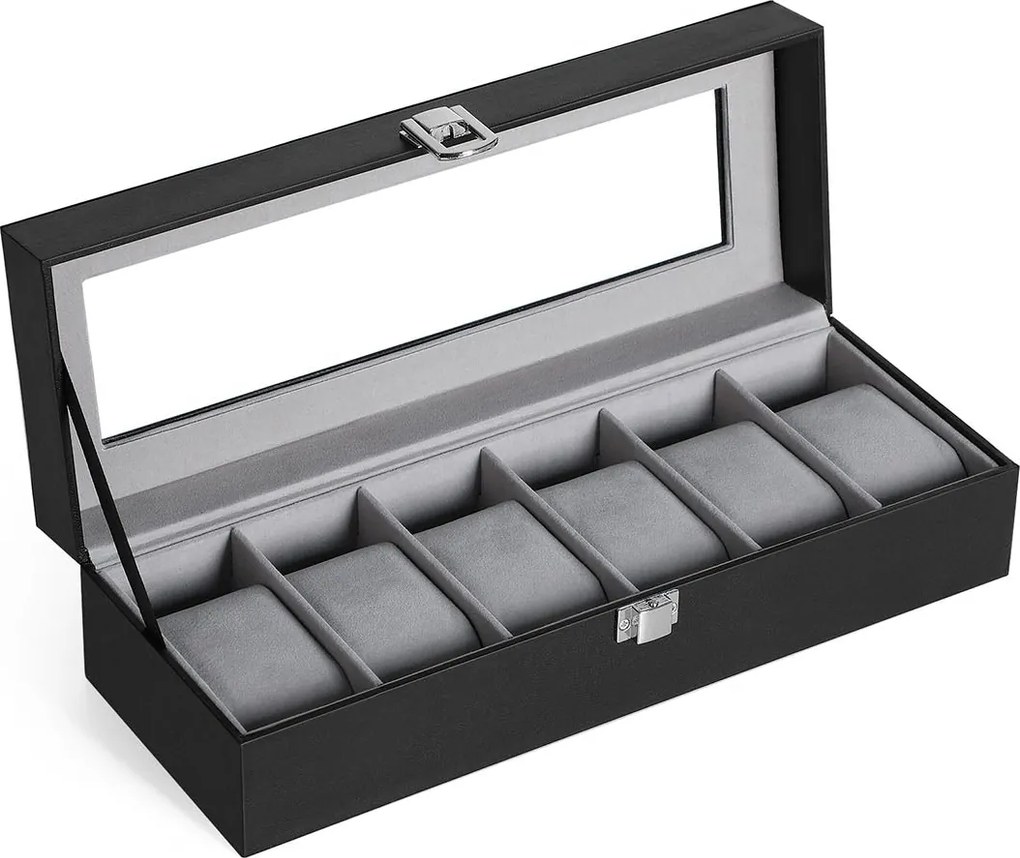 Box na hodinky so skleneným vekom, so 6 priehradkami, čierny