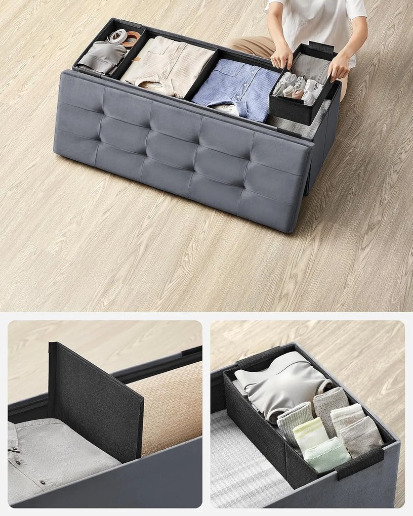 Skladací Puff Úložný Box 38 x 110 x 38 cm, 300 kg nosnosť, šedý