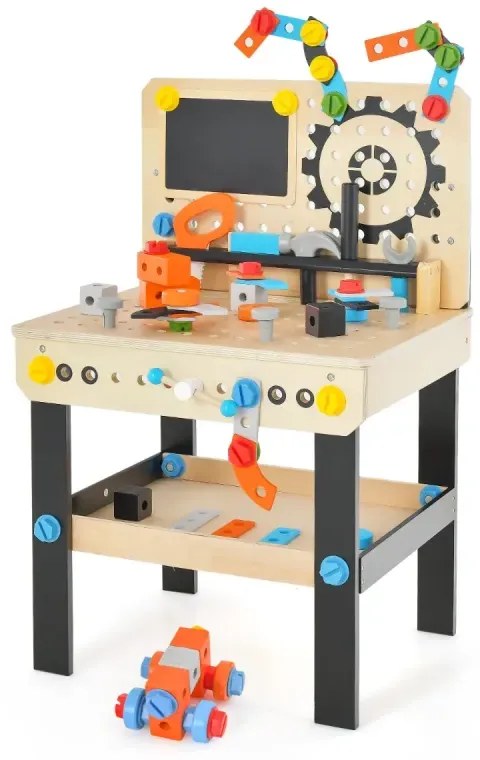 Detská drevená lavica na náradie s doskou a závesným stojanom na náradie a príslušenstvom