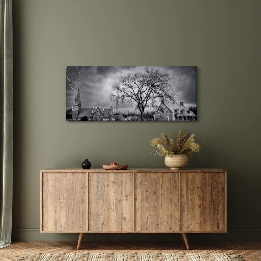 Obraz čiernobielej dediny (120x50 cm)