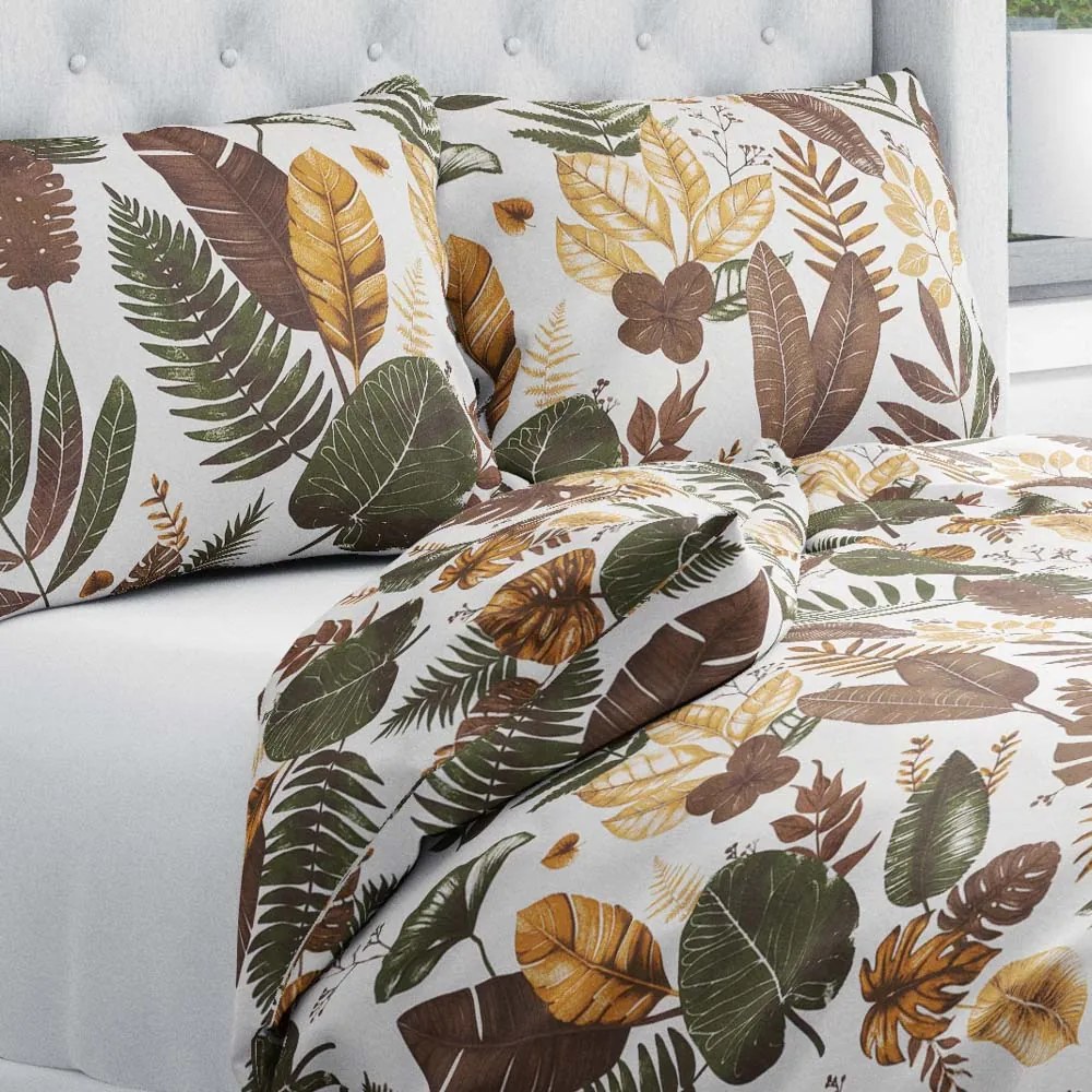 Biante Bavlnené posteľné obliečky Sandra SA-540 Hnedo-zelené listy na bielom Jednolôžko 140x200 a 70x90 cm