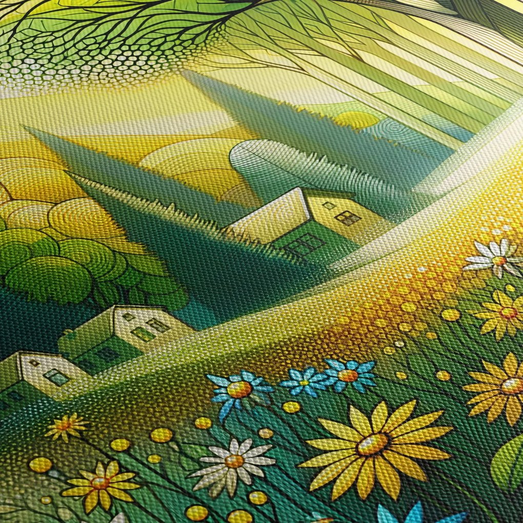 Obraz - Dedina v žlto-zelenej (s hodinami) (90x30 cm)