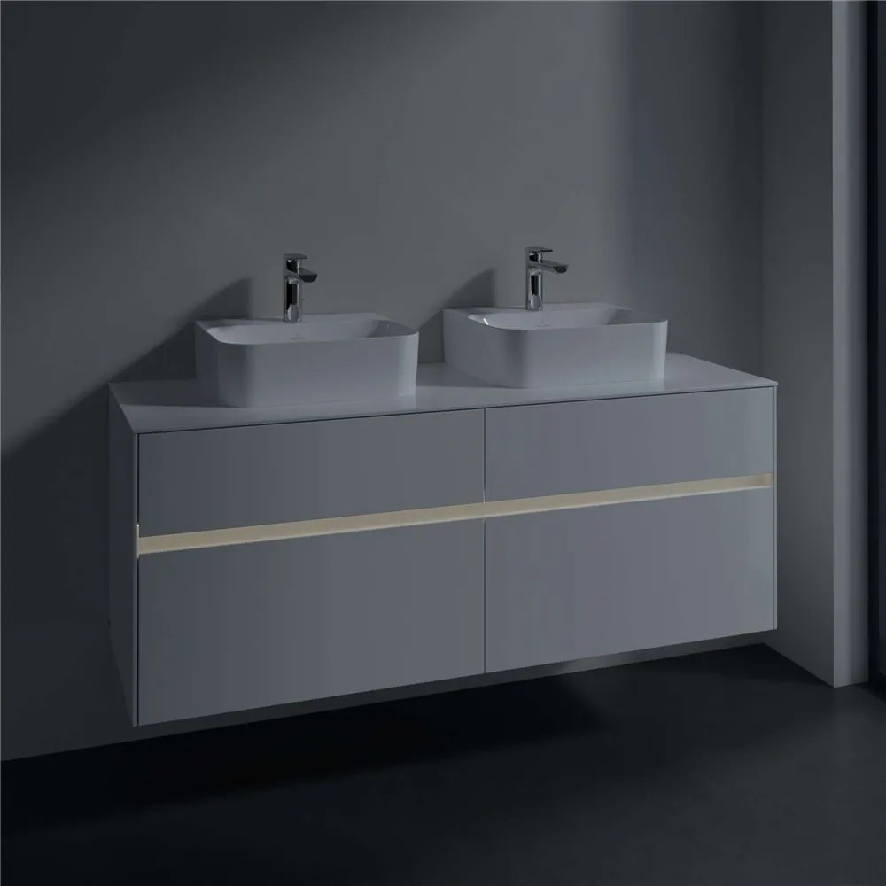 VILLEROY &amp; BOCH Collaro závesná skrinka pod dve umývadlá na dosku, 4 zásuvky, s LED osvetlením, 1400 x 500 x 548 mm, Glossy White, C103B0DH