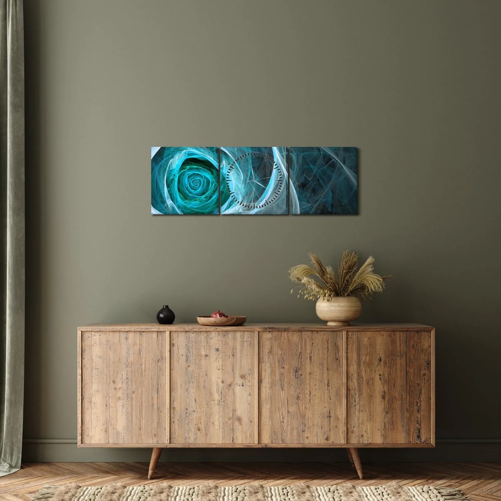 Obraz - Abstraktné ruže modrá s čiernym pozadím (s hodinami) (90x30 cm)