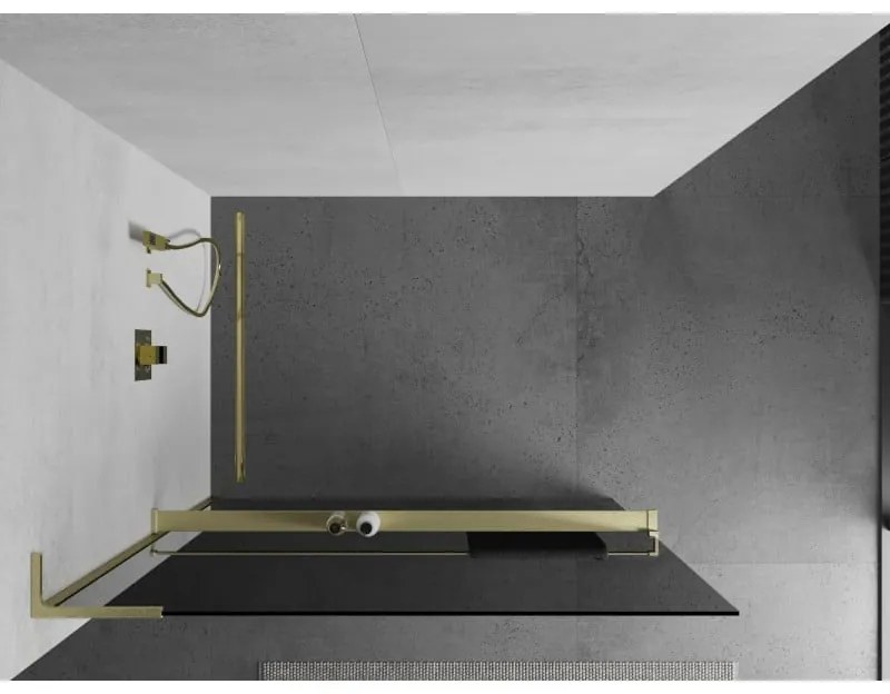 Mexen Kioto+ L, sprchová zástena Walk-In s poličkou a vešiakom 70 x 200 cm, 8mm šedé sklo, zlatý matný profil, 800-070-123-55-40