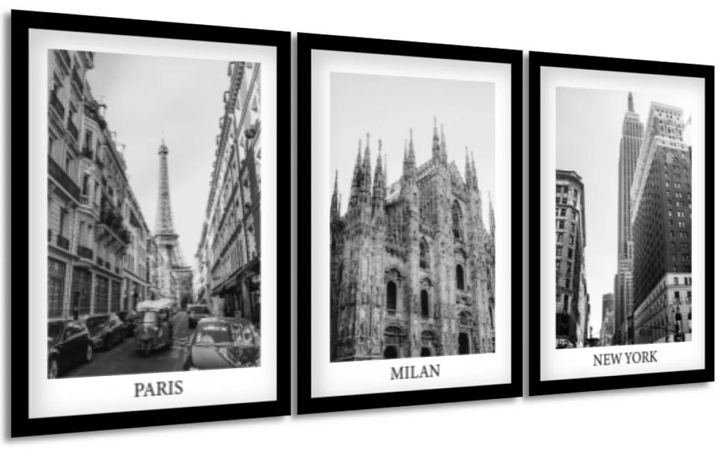 Gario Sada plagátov Paris, Milan, New York Farba rámu: Biela, Veľkosť: 99 x 45 cm