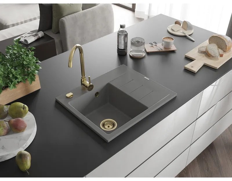 Mexen Ben, 1-komorový granitový drez 600x500x190 mm, ľavý + zlatý sifón, šedá, 6522605000-71-G