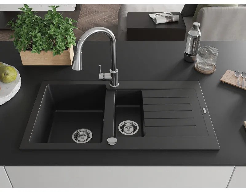 Mexen Matias, 1,5-komorový granitový drez 900x505x200 mm a drezová batéria Elia, čierna, 6502-77-670101-00