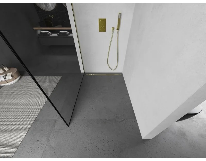 Mexen Kioto, sprchová zástena Walk-In 130 x 200 cm, 8mm číre sklo čierny vzor, zlatý matný profil, 800-130-101-55-70