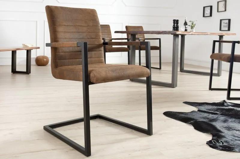 Priemyselná konzolová stolička LOFT vintage hnedá s kovovým rámom, lakťová opierka