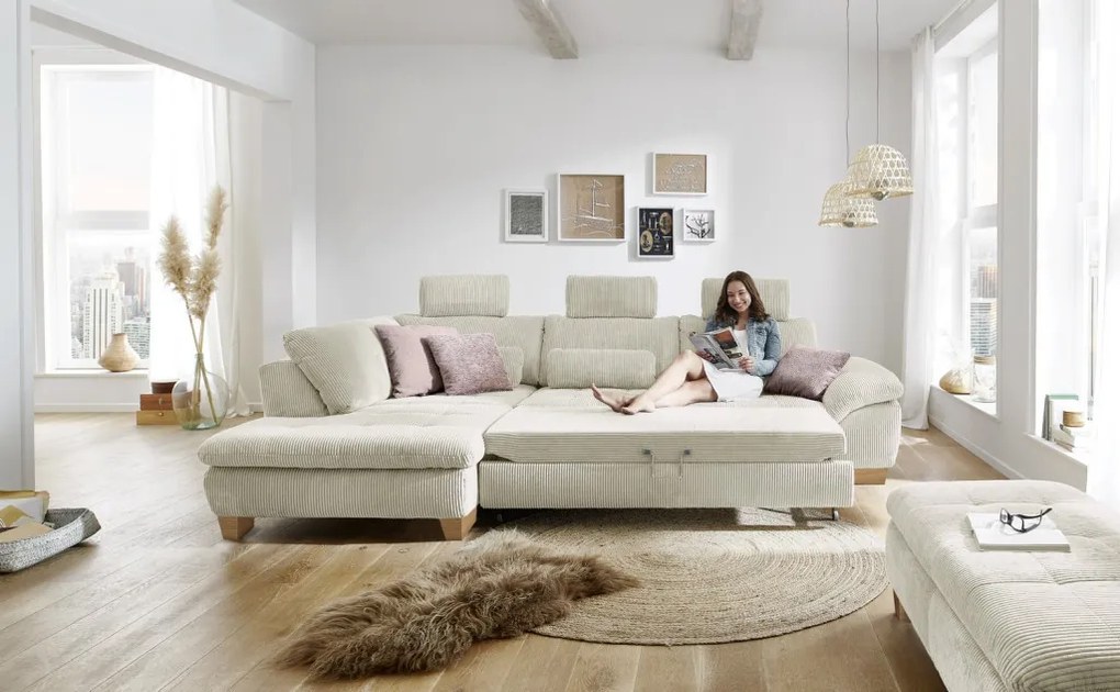 Rohová sedacia súprava MP-IN14007, krémová štruktúrovaná látka